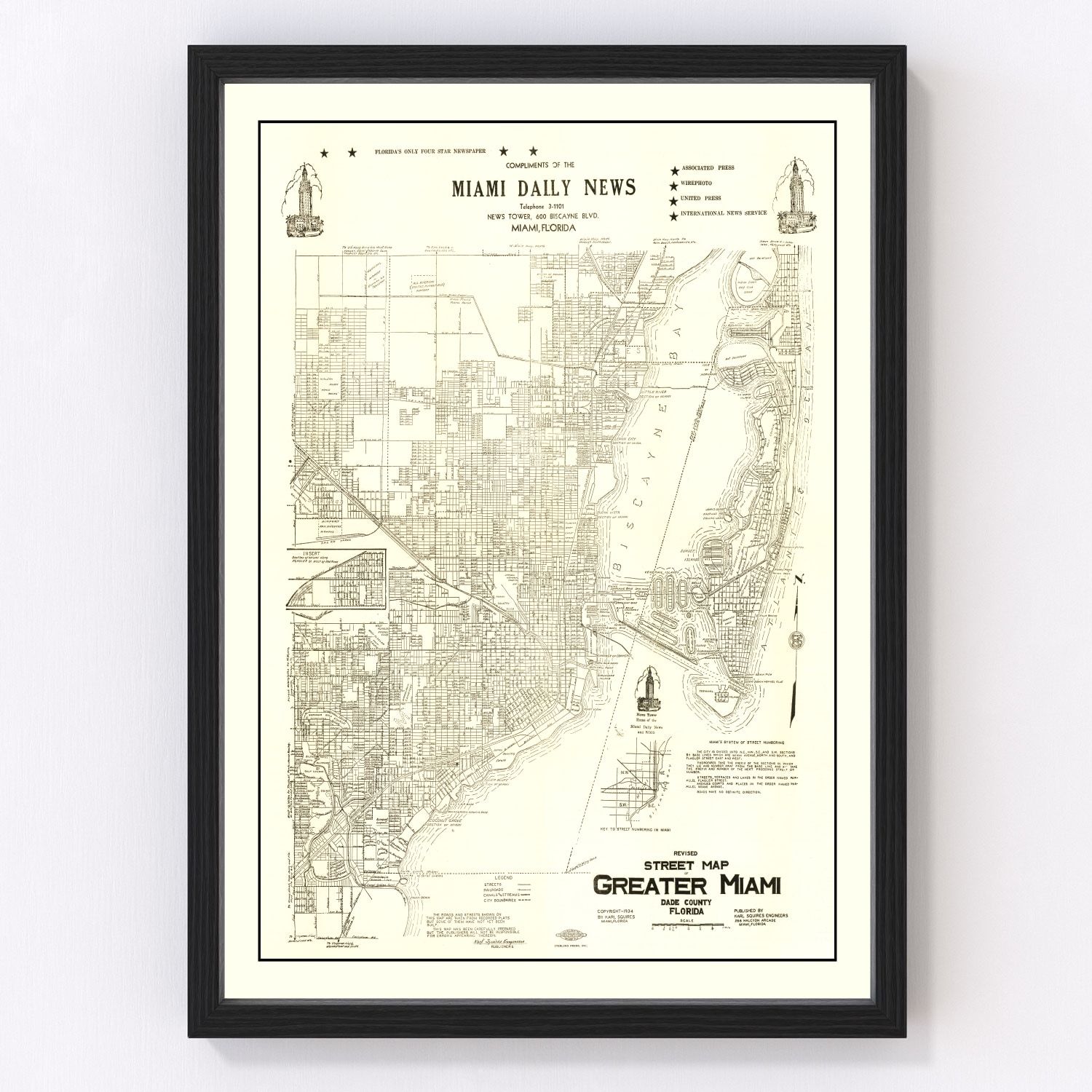 Vintage Map of Miami, Florida 1934