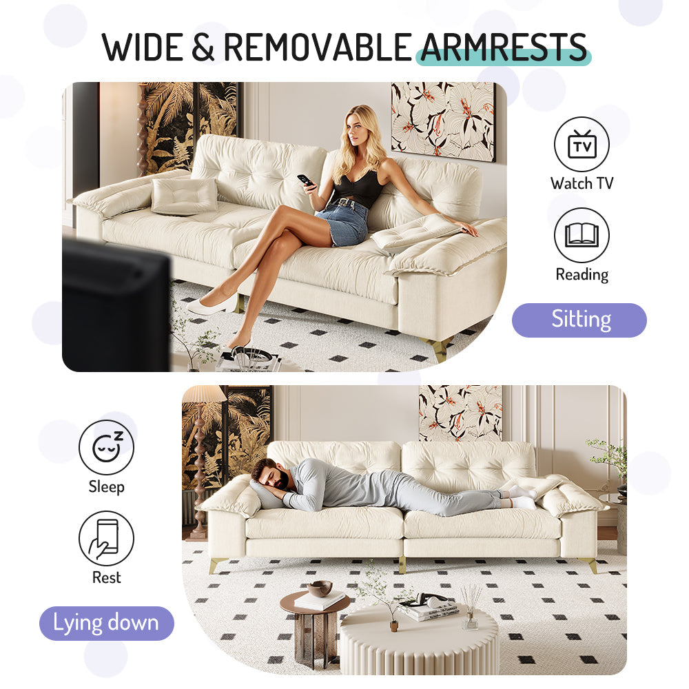 104.7 ' Modern 4-Seat Cloud Sofa with Wide Removable Armrests, Tufted Sofa with Metal Legs,Comfy Chenille Upholstered Couch with 2 Pillows for Living Room,Bedroom,Apartment, Office,Studio,Beige