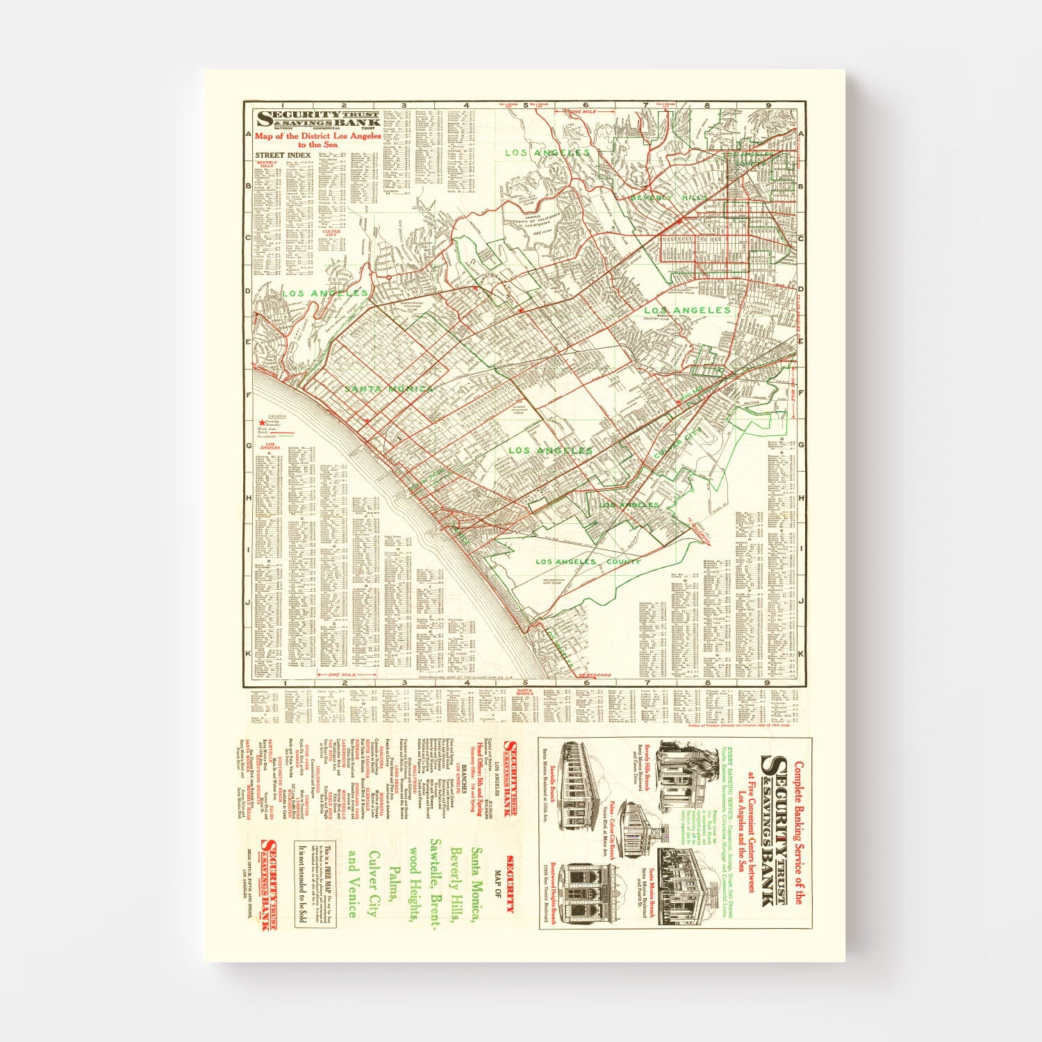 Vintage Map of Los Angeles, California 1926