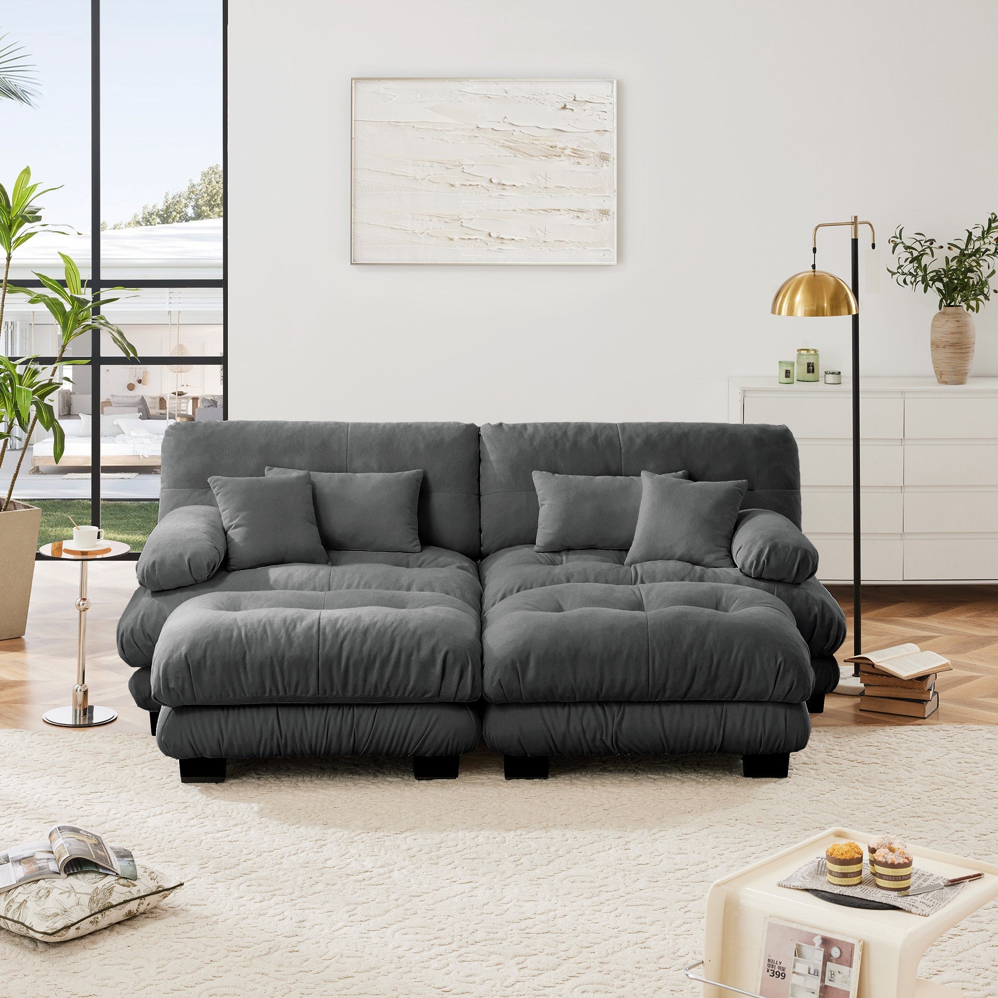 Cloud Couch Sleeper Sofa for Living Room, Chenille 2 Seater sofa with 2 Lumbar pillows and 2 throw pillows , Upholstered Wide Arm Sofa with 2 Ottomans,Chenille Gray