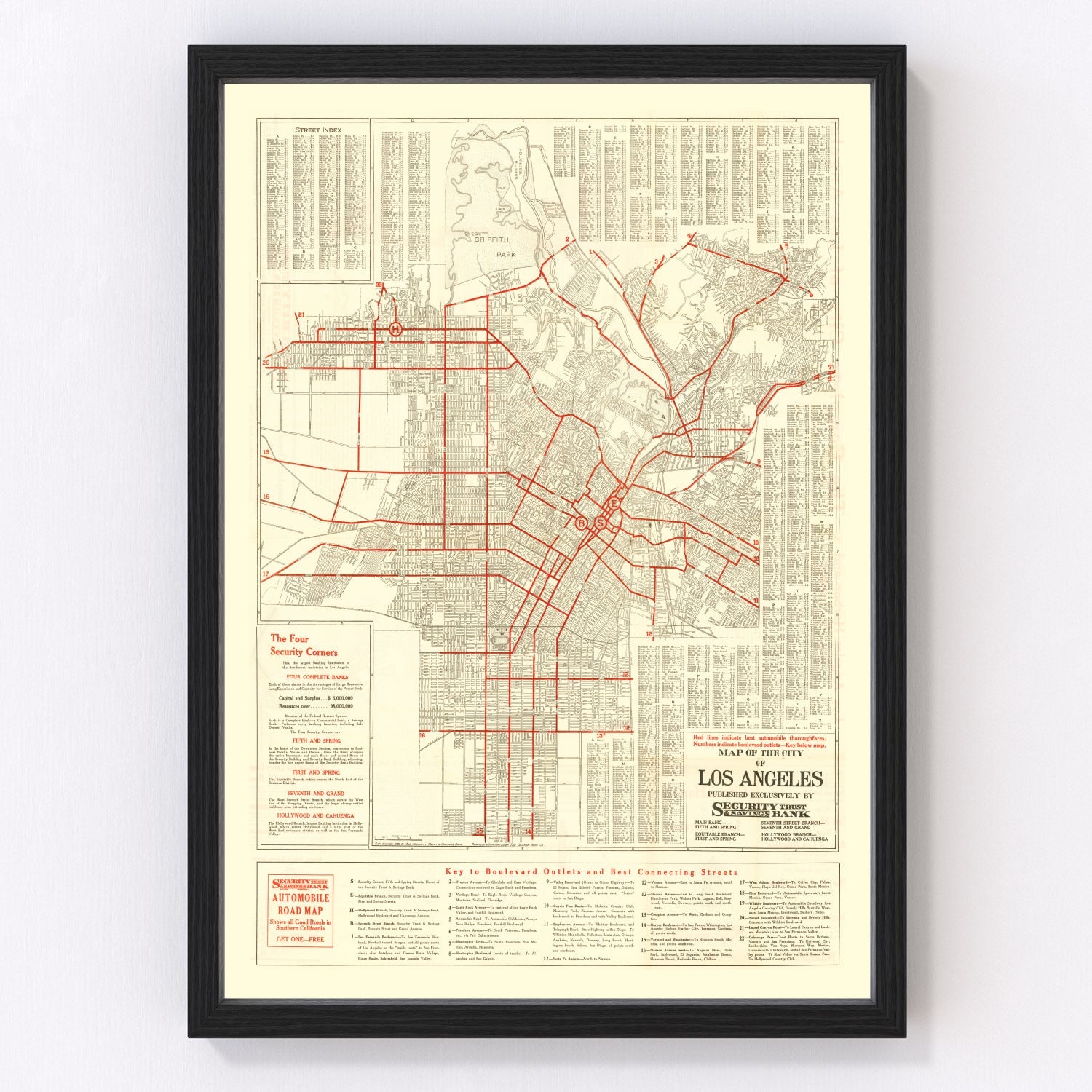 Vintage Map of Los Angeles, California 1914