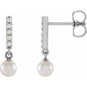 14K White Gold Cultured Akoya Pearl & .03 CTW Natural Diamond Bar Earrings