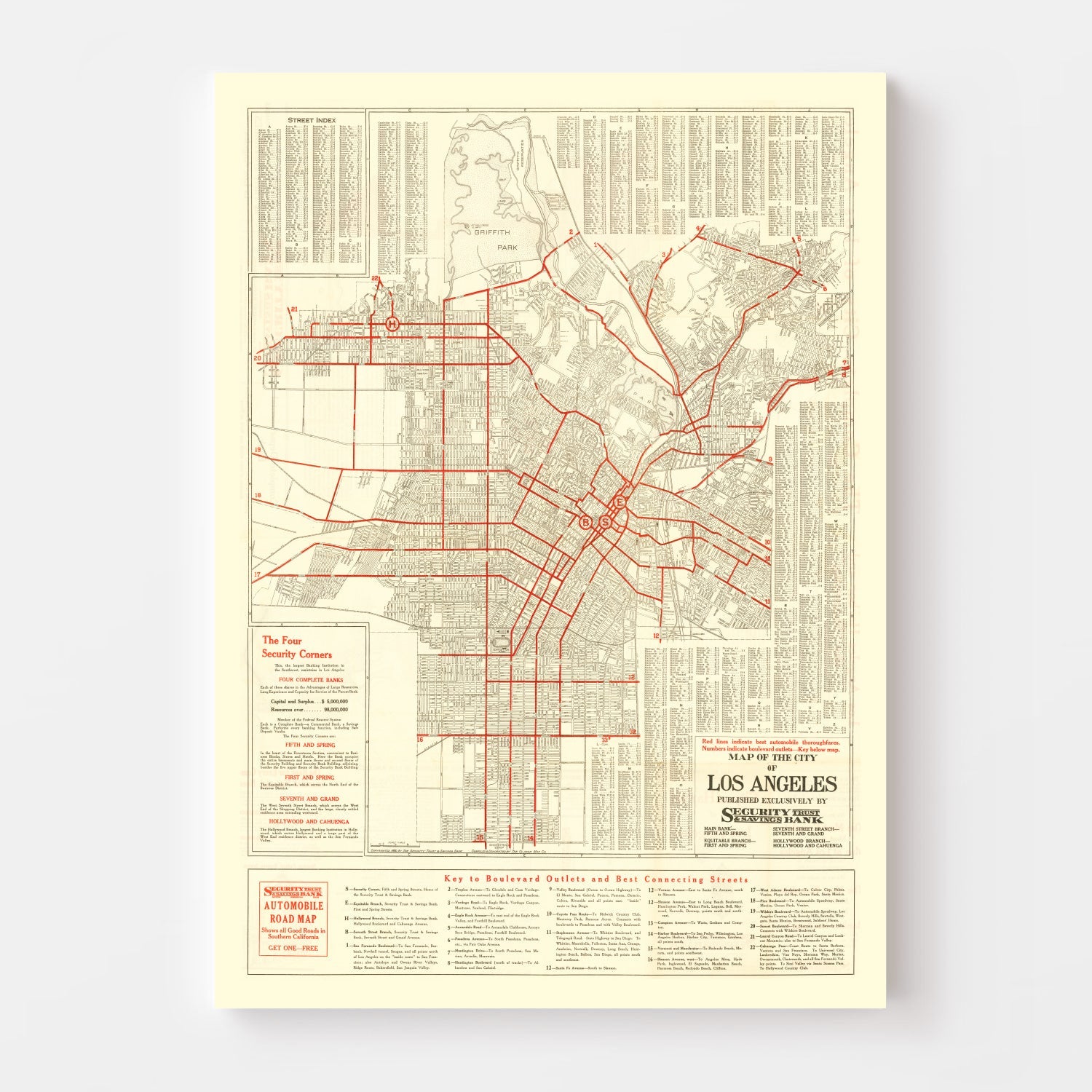Vintage Map of Los Angeles, California 1914