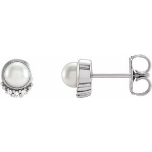 Sterling Silver Cultured White Akoya Pearl & .02 CTW Natural Diamond Earrings