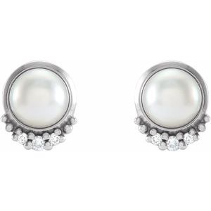 Platinum Cultured White Akoya Pearl & .02 CTW Natural Diamond Earrings