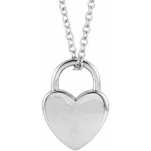 14K White Gold Engravable Heart Lock 16-18" Necklace