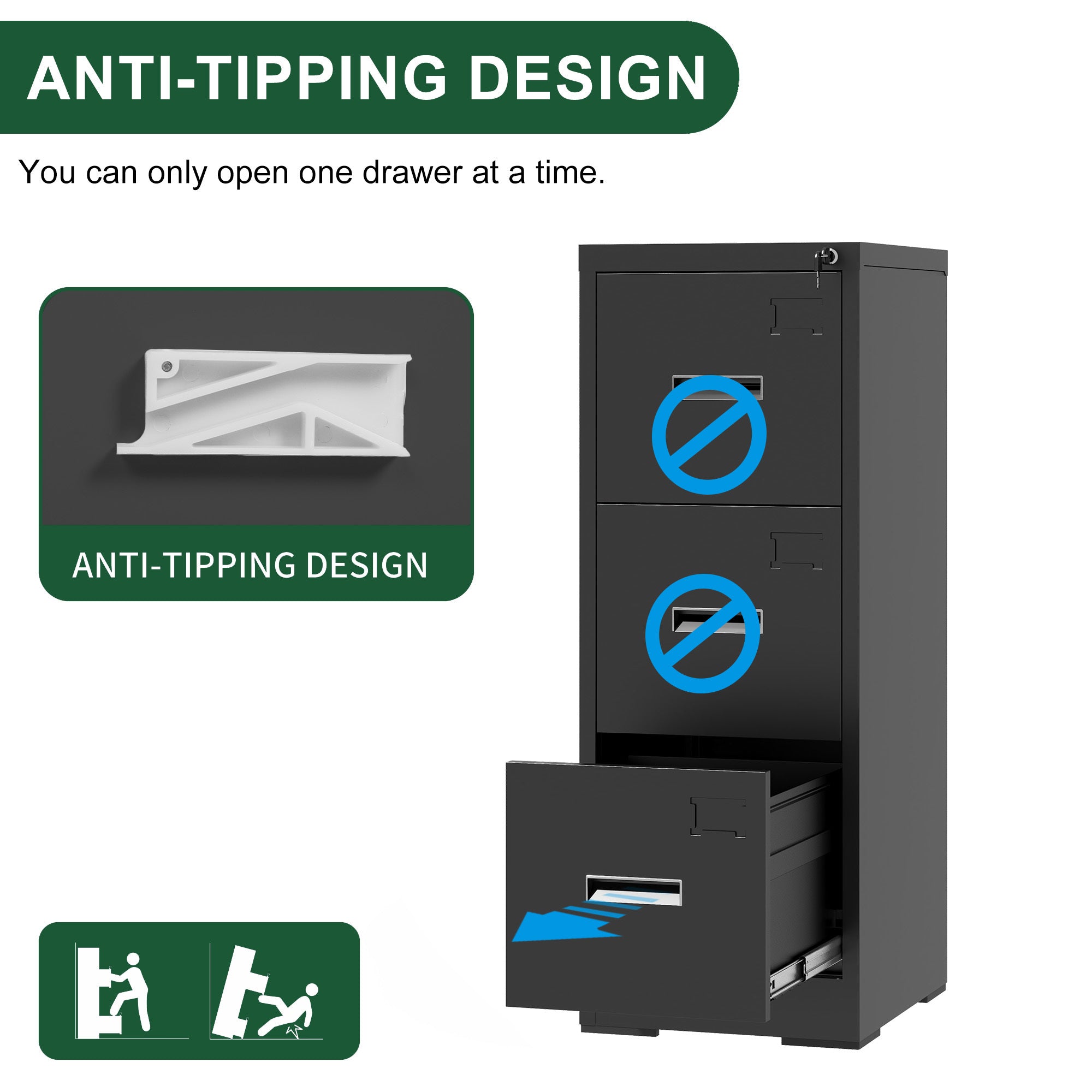 Metal Vertical File Cabinet with Lock and Card Slot for A4 Legal/Letter Size, Black, Durable Steel, 40.4H x 17.7W x 15.2L inches