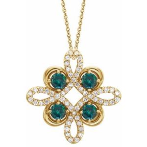 14K Yellow Gold Natural Alexandrite & 1/6 CTW Natural Diamond Clover 18" Necklace