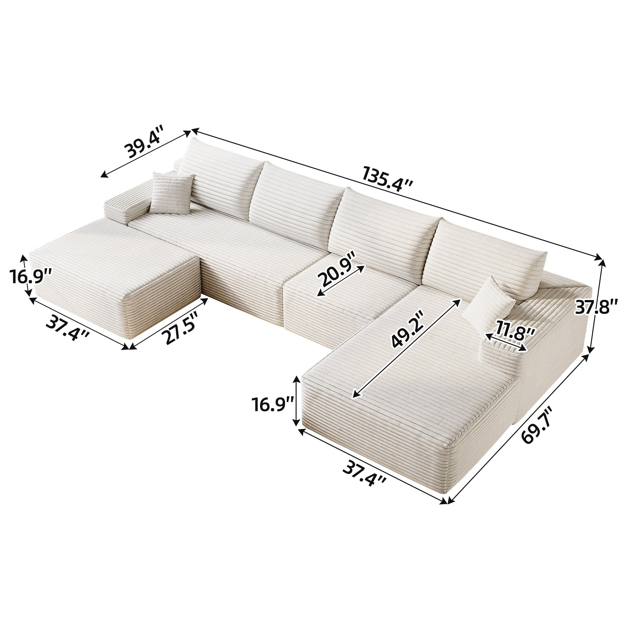135' Cloud Sectional Sofa with 1 Ottoman,Modern Minimalist Upholstered Couches, Comfort U Shaped Sofa for Living Room,Deep Seat Corner Couch,No Assembly Required (Plush Corduroy Fabric),White