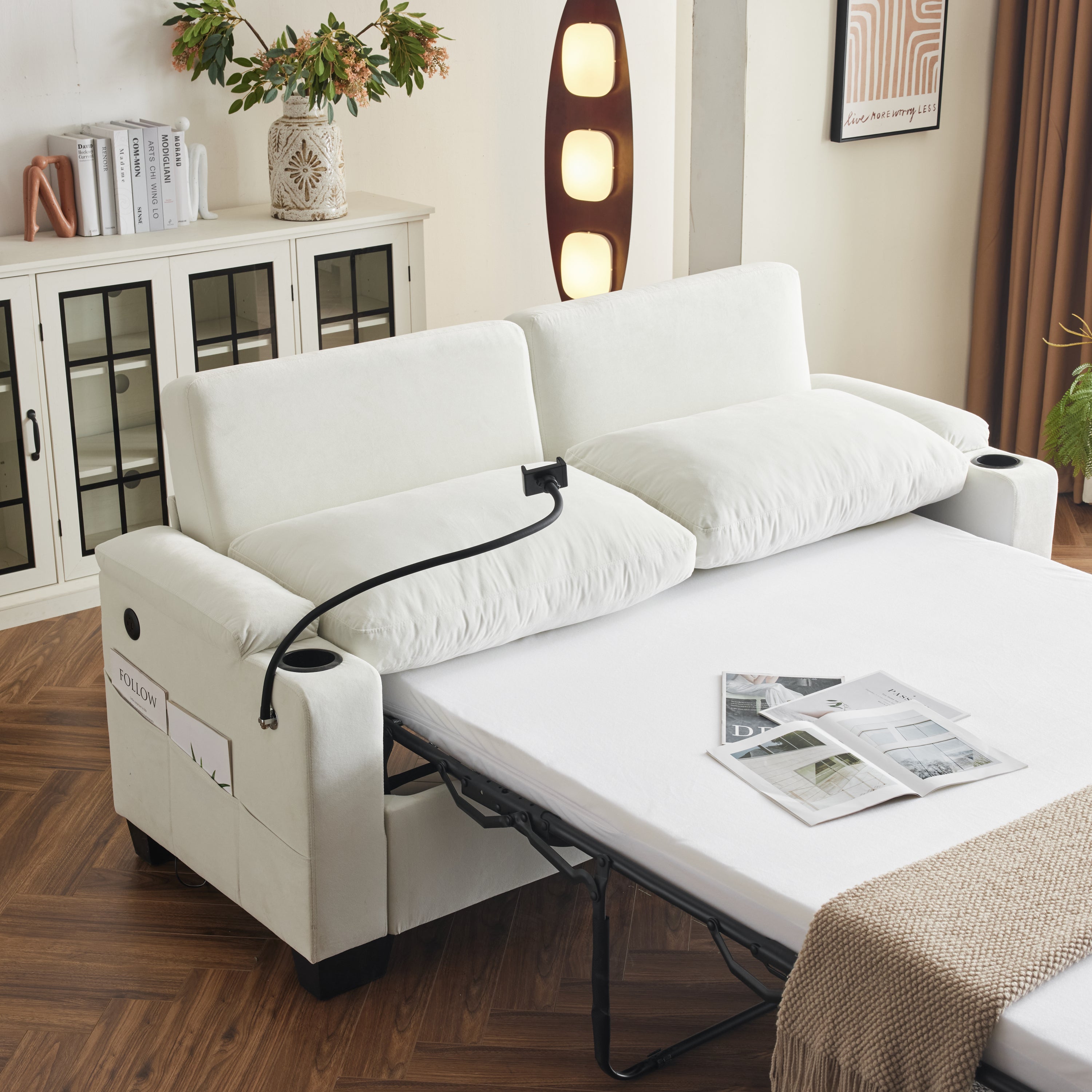 Pull-out sofa bed, chenille material, pull-out queen sofa bed, with USB charging, mobile phone holder, memory sofa, removable and washable cushions, suitable for living room, bedroom, apartment, white