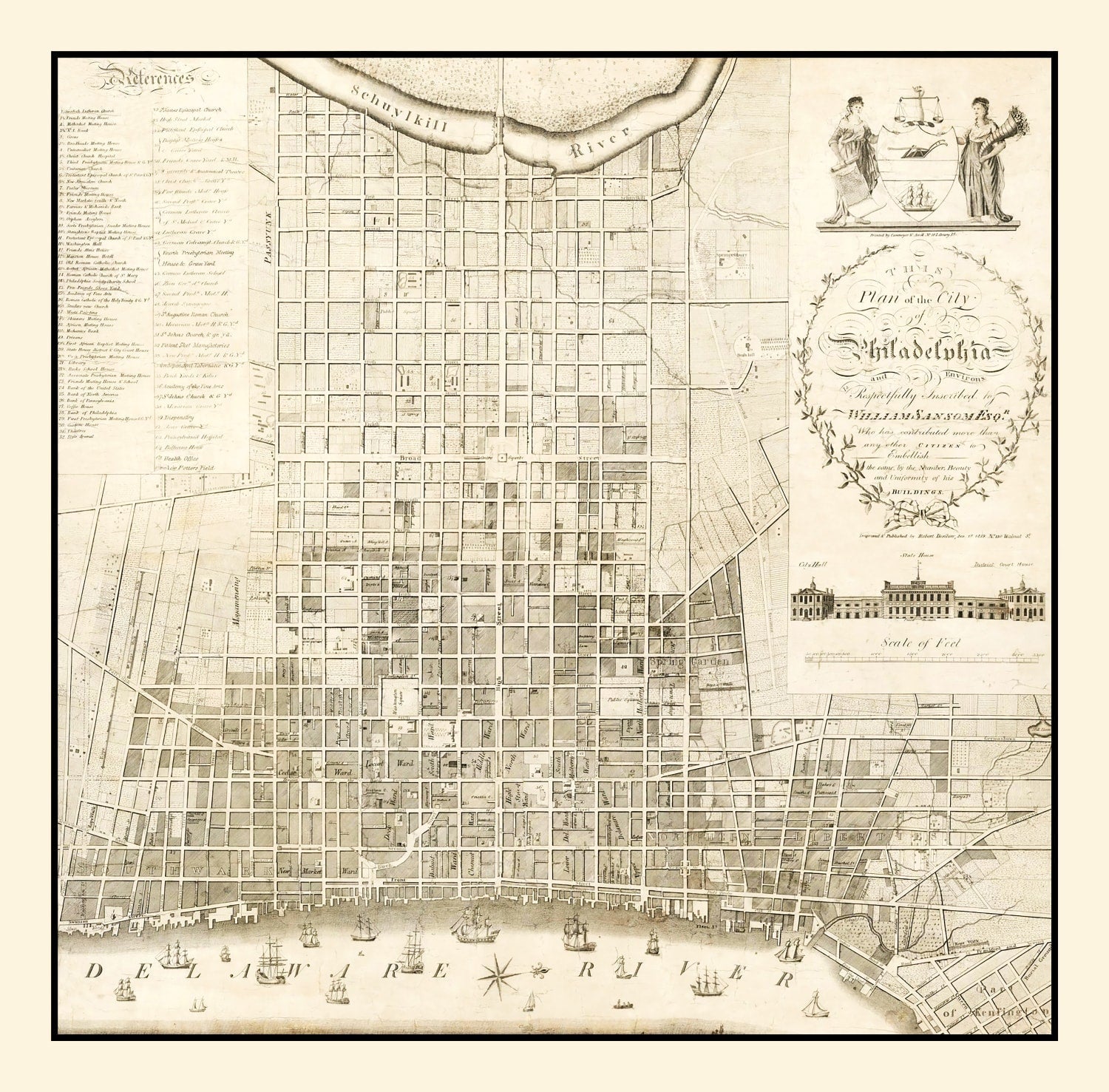 Vintage Map of Philadelphia, Pennsylvania 1819