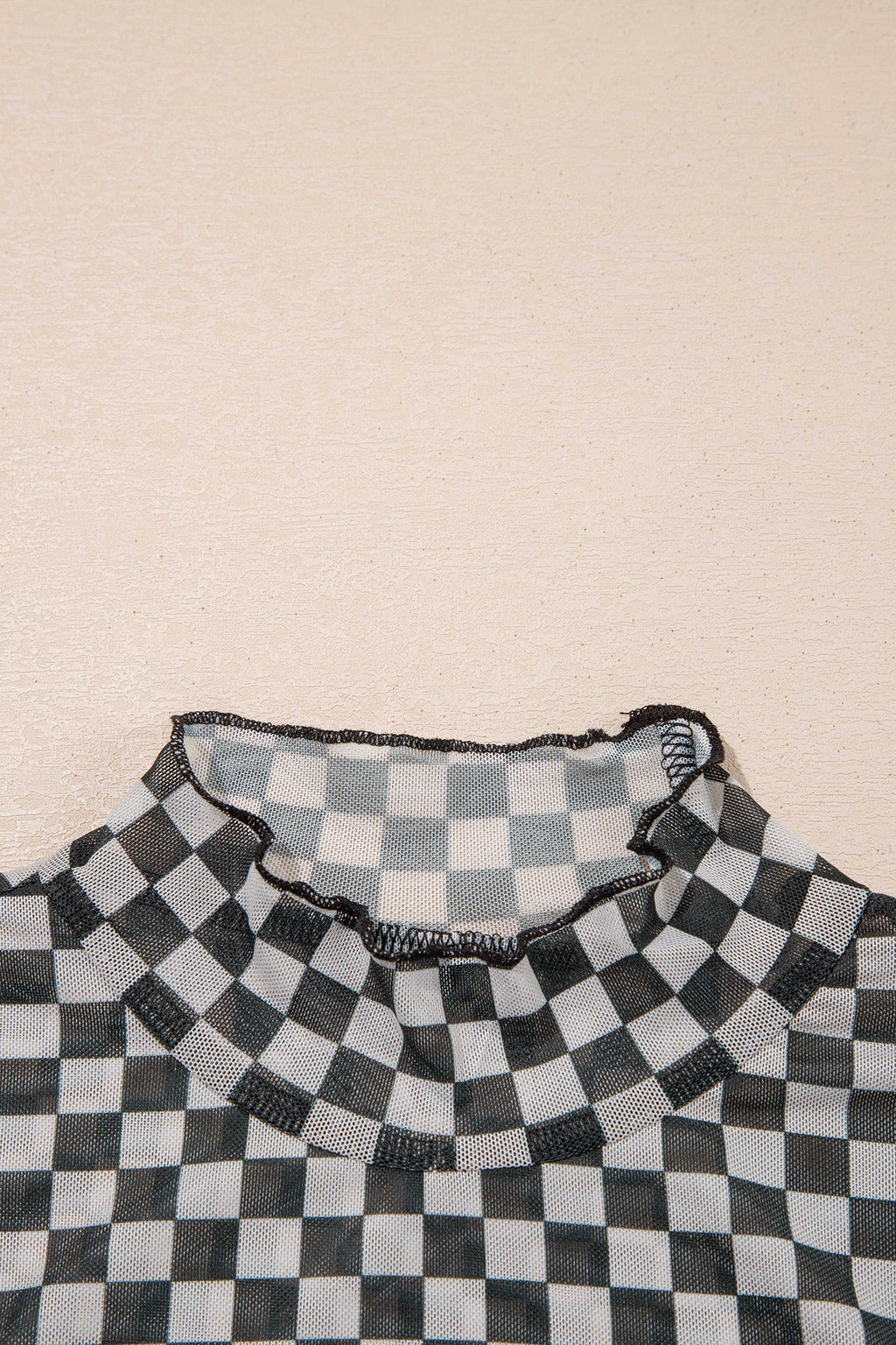 Checker Stand Neck Long Sleeve Mesh Top