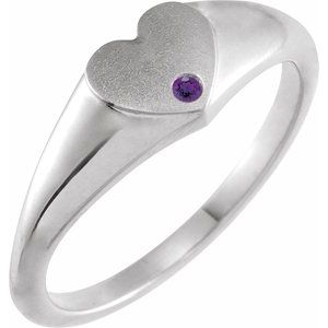 14K White Gold Natural Amethyst Heart Signet Ring