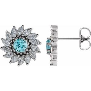Sterling Silver 4.5 mm Natural Blue Zircon & 1 3/8 CTW Natural Diamond Earrings
