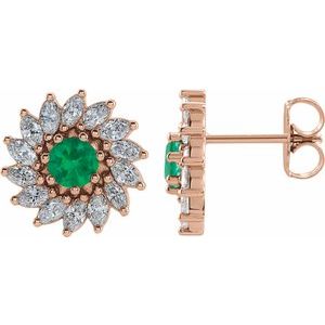14K Rose Gold 4.5 mm Natural Emerald & 1 3/8 CTW Natural Diamond Earrings