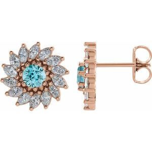 14K Rose Gold 3.5 mm Natural Blue Zircon & 3/4 CTW Natural Diamond Earrings
