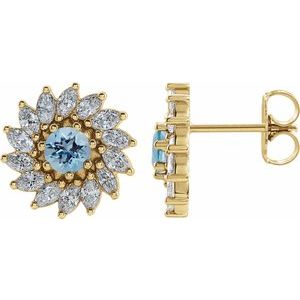 14K Yellow Gold 4.5 mm Natural Aquamarine & 1 3/8 CTW Natural Diamond Earrings
