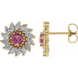 14K Yellow Gold 5.5 mm Natural Pink Tourmaline & 2 1/5 CTW Natural Diamond Earrings