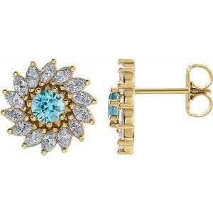 14K Yellow Gold 4 mm Natural Blue Zircon & 7/8 CTW Natural Diamond Earrings