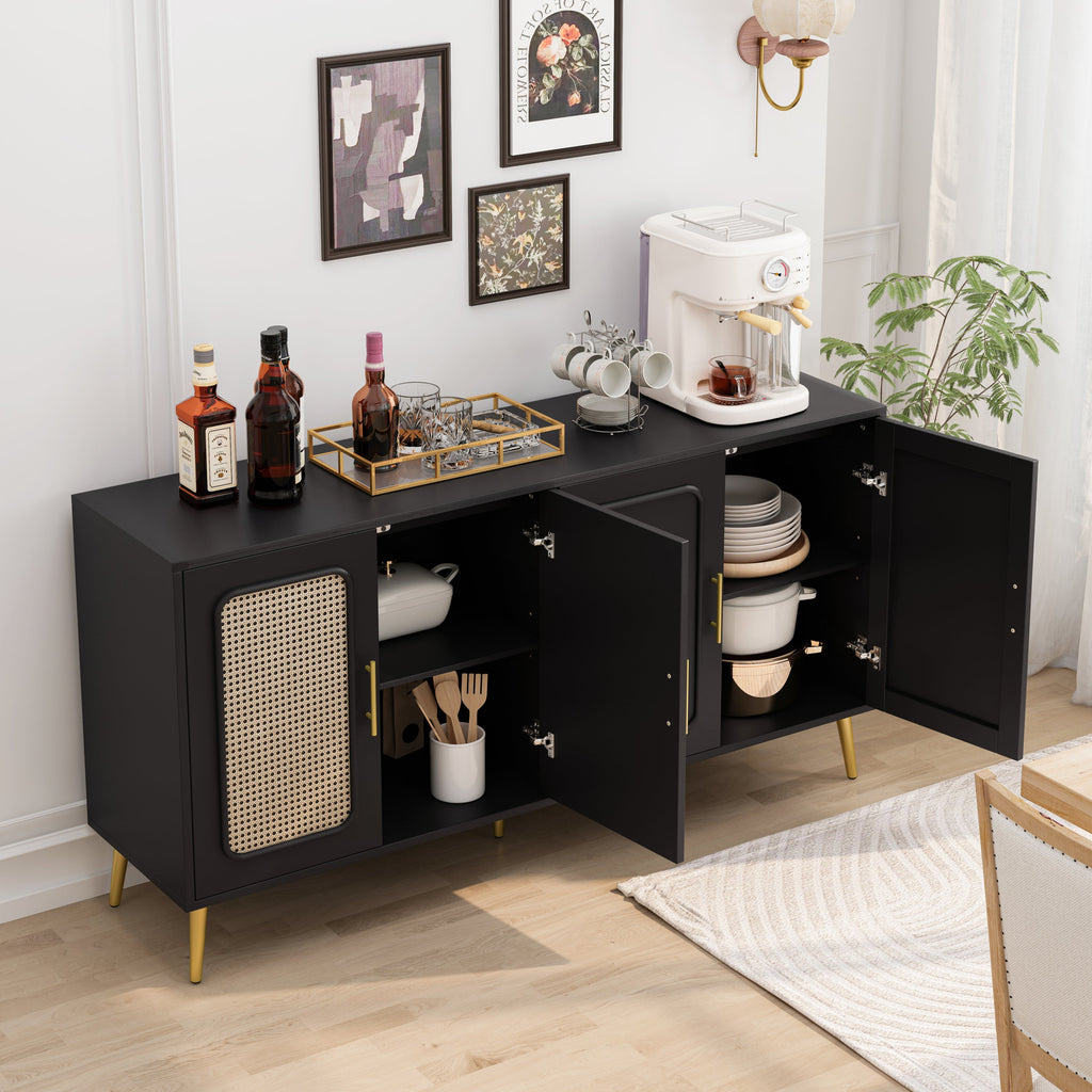 59.84' Vintage Four-Door Cabinet, Plastic Rattan, Suitable For Living Room, Dining Room, Bedroom(Black)
