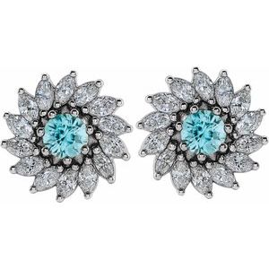 14K White Gold 3.5 mm Natural Blue Zircon & 3/4 CTW Natural Diamond Earrings – image 2