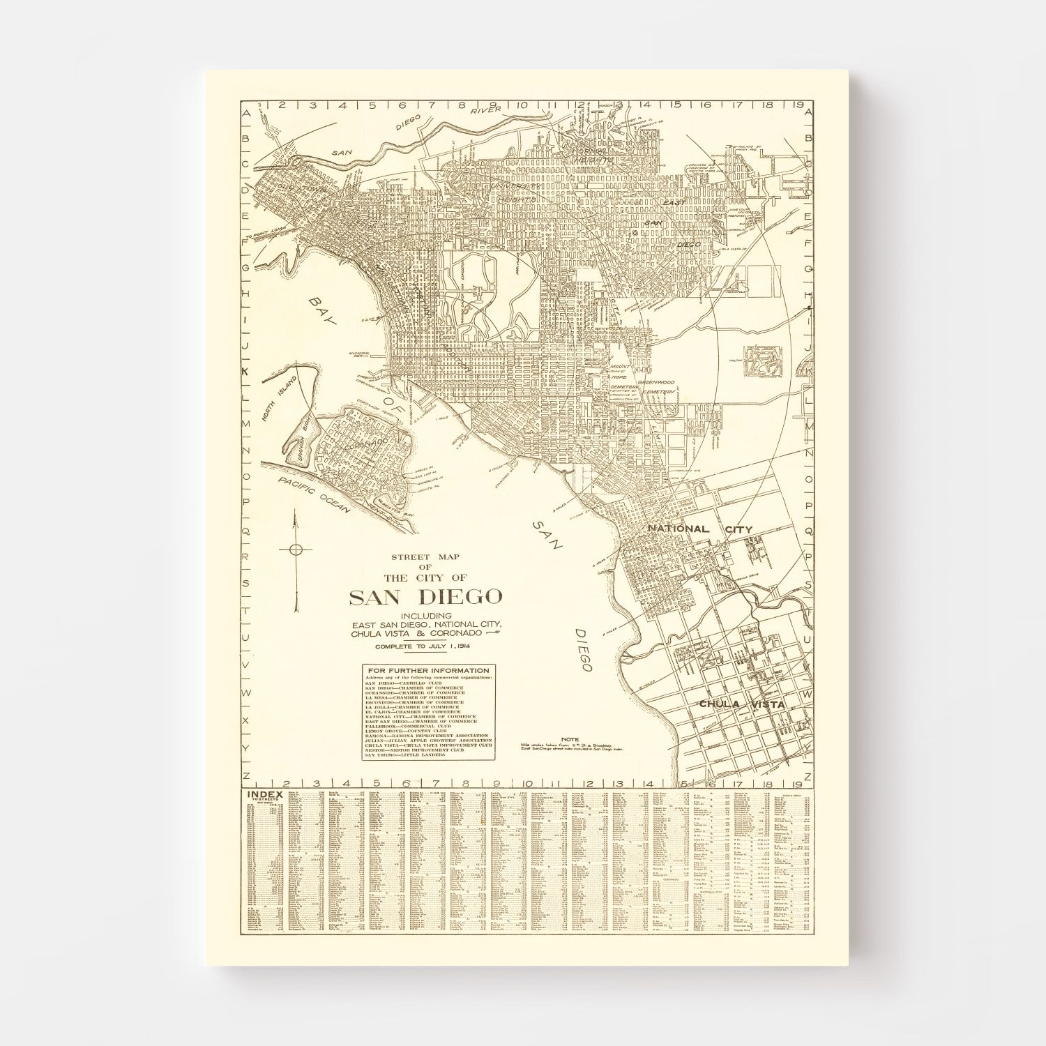 Vintage Map of San Diego, California 1914