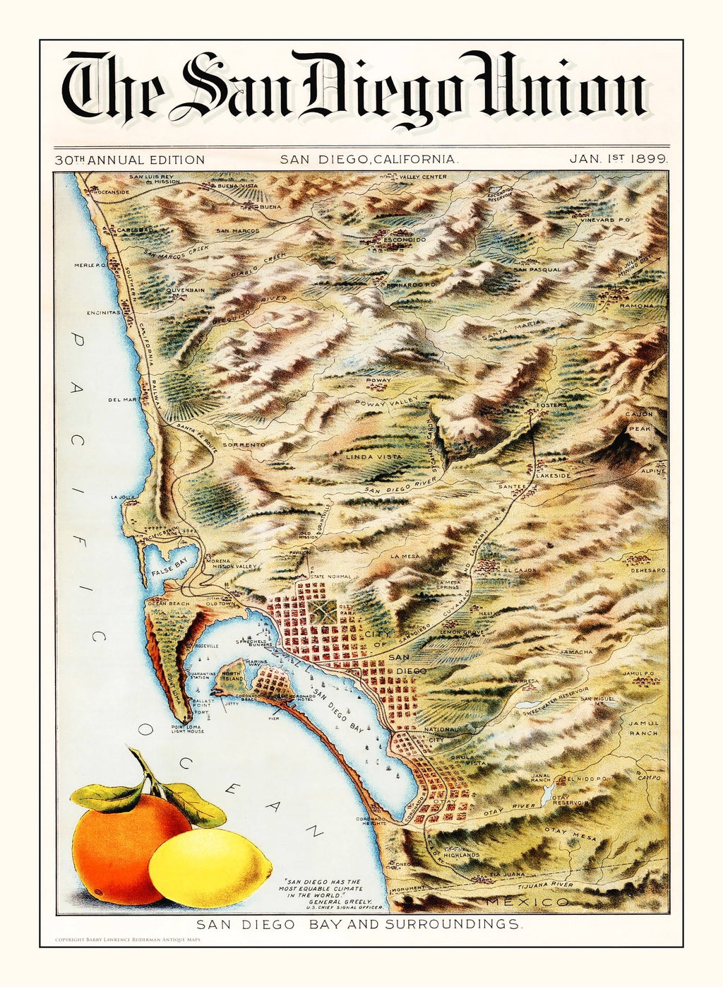 Vintage Map of San Diego Bay, California 1899