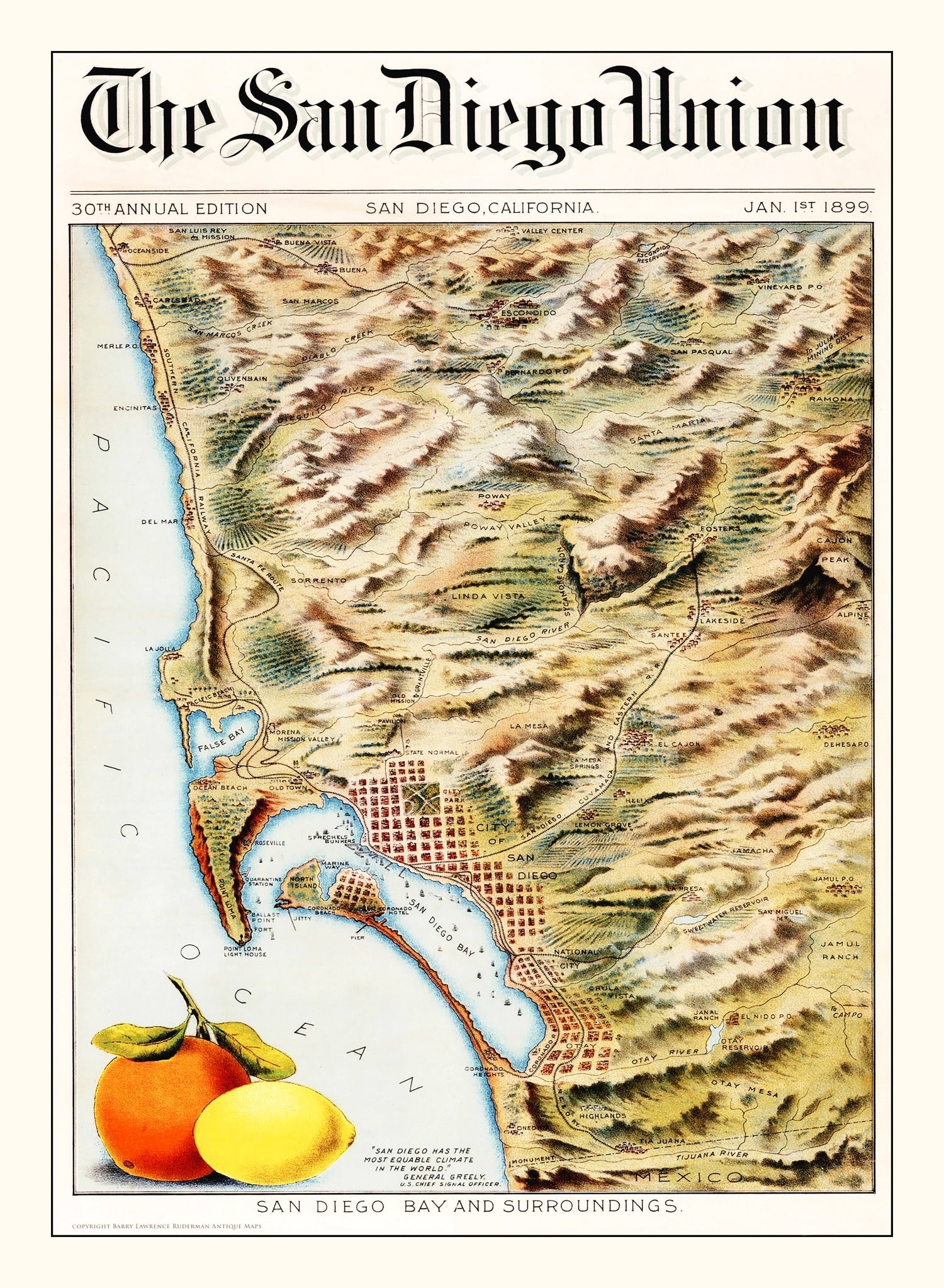 Vintage Map of San Diego Bay, California 1899