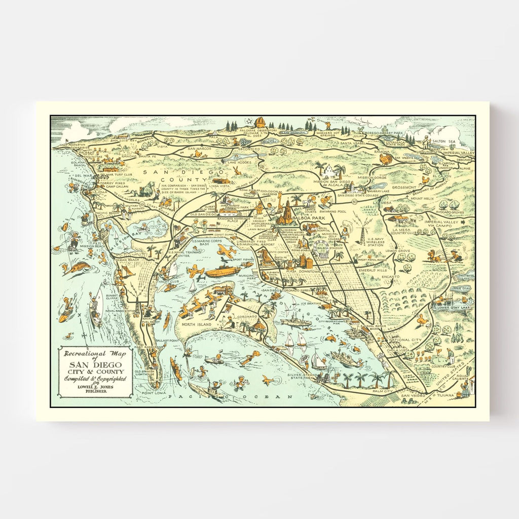 Vintage Map of San Diego County, California 1935