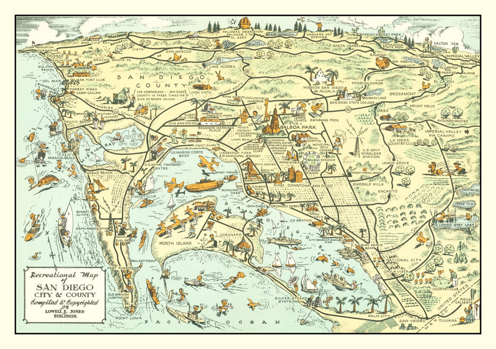 Vintage Map of San Diego County, California 1935