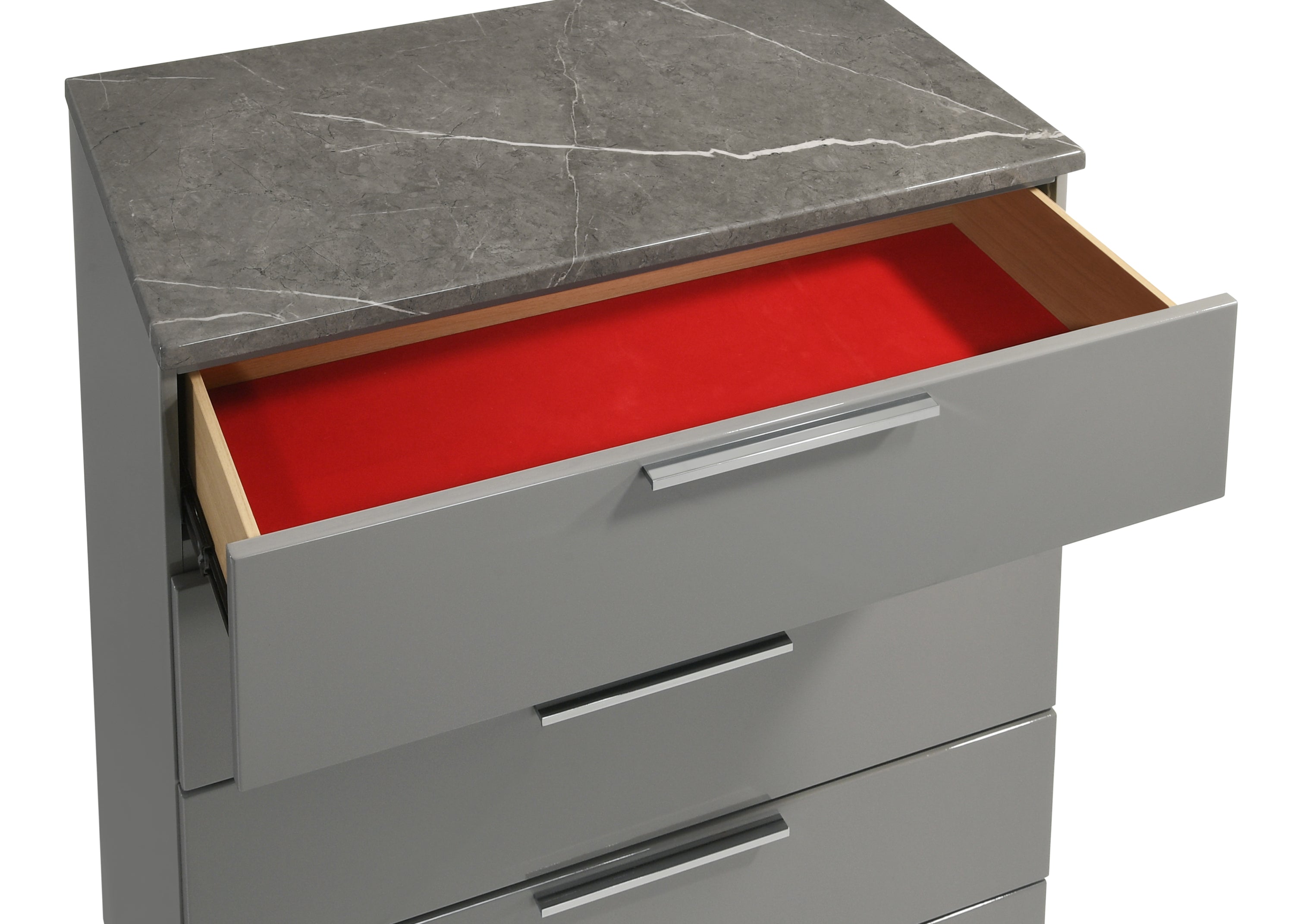 Elara Queen 5-Piece Set – Two-Tone High-Gloss Marble & Lacquer Finish with LED Lighting, Metal-Finished Legs, Spacious Storage- Gray (NJ Inventory)