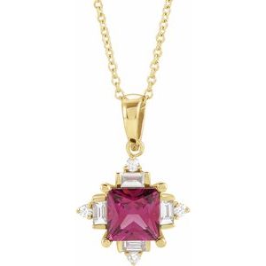 14K Yellow Natural Rhodolite Garnet & 1/5 CTW Natural Diamond Geometric 16-18" Necklace
