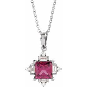 Sterling Silver Natural Rhodolite Garnet & 1/5 CTW Natural Diamond Geometric 16-18" Necklace