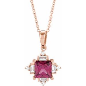 14K Rose Gold Natural Rhodolite Garnet & 1/5 CTW Natural Diamond Geometric 16-18" Necklace