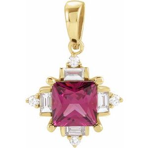 14K Yellow Natural Rhodolite Garnet & 1/5 CTW Natural Diamond Geometric Pendant