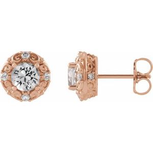 14K Rose Gold 5 mm Natural White Sapphire & 1/6 CTW Natural Diamond Halo-Style Earrings