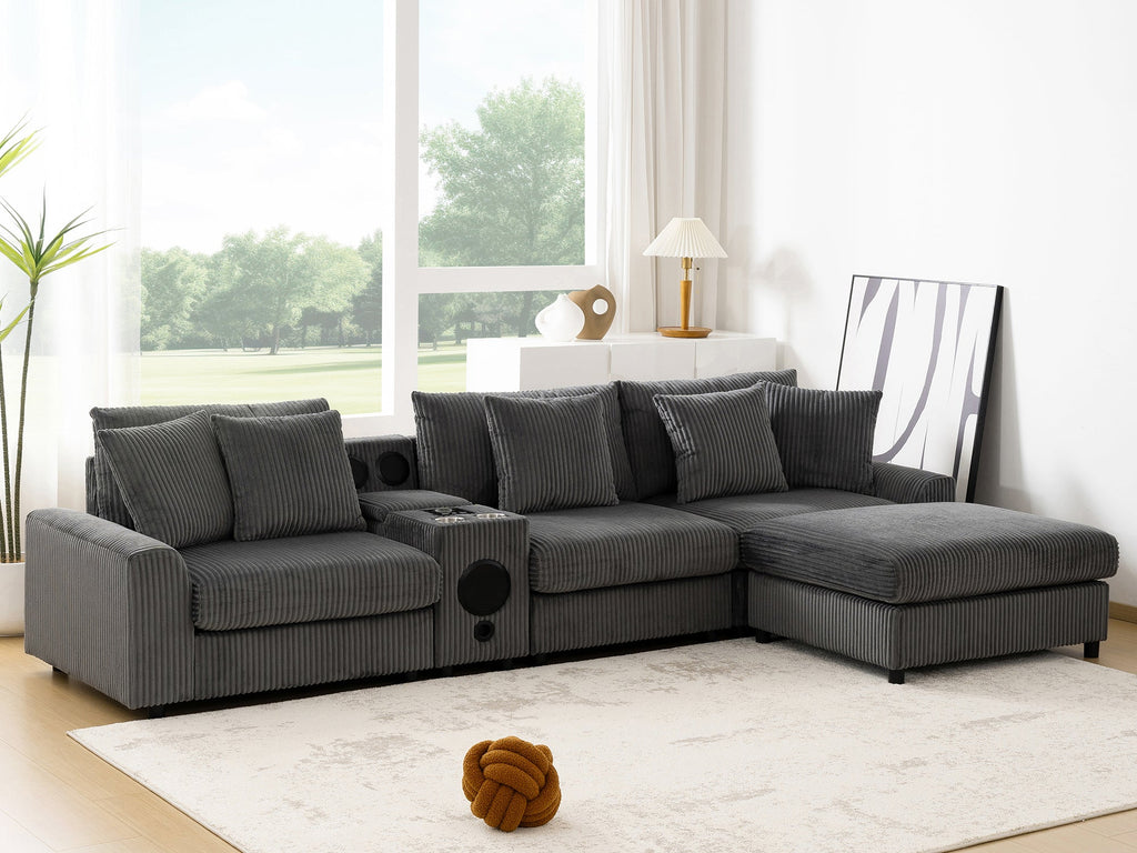 Modular Corduroy Sectional Sofa with Bluetooth Speakers, USB Charger, Cup Holders, Storage, and Ottoman in Dark Gray