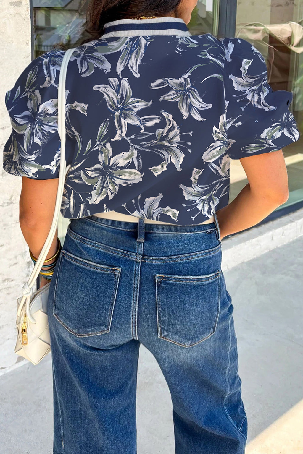 Floral Stripe Trim V-Neck Blouse