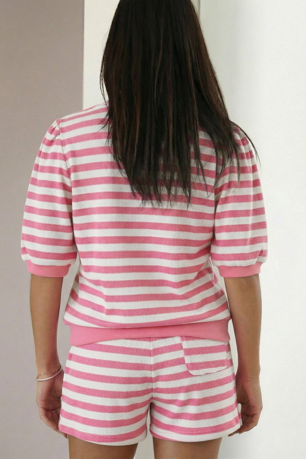 Stripe Puff Sleeve T-Shirt & Drawstring Shorts Set