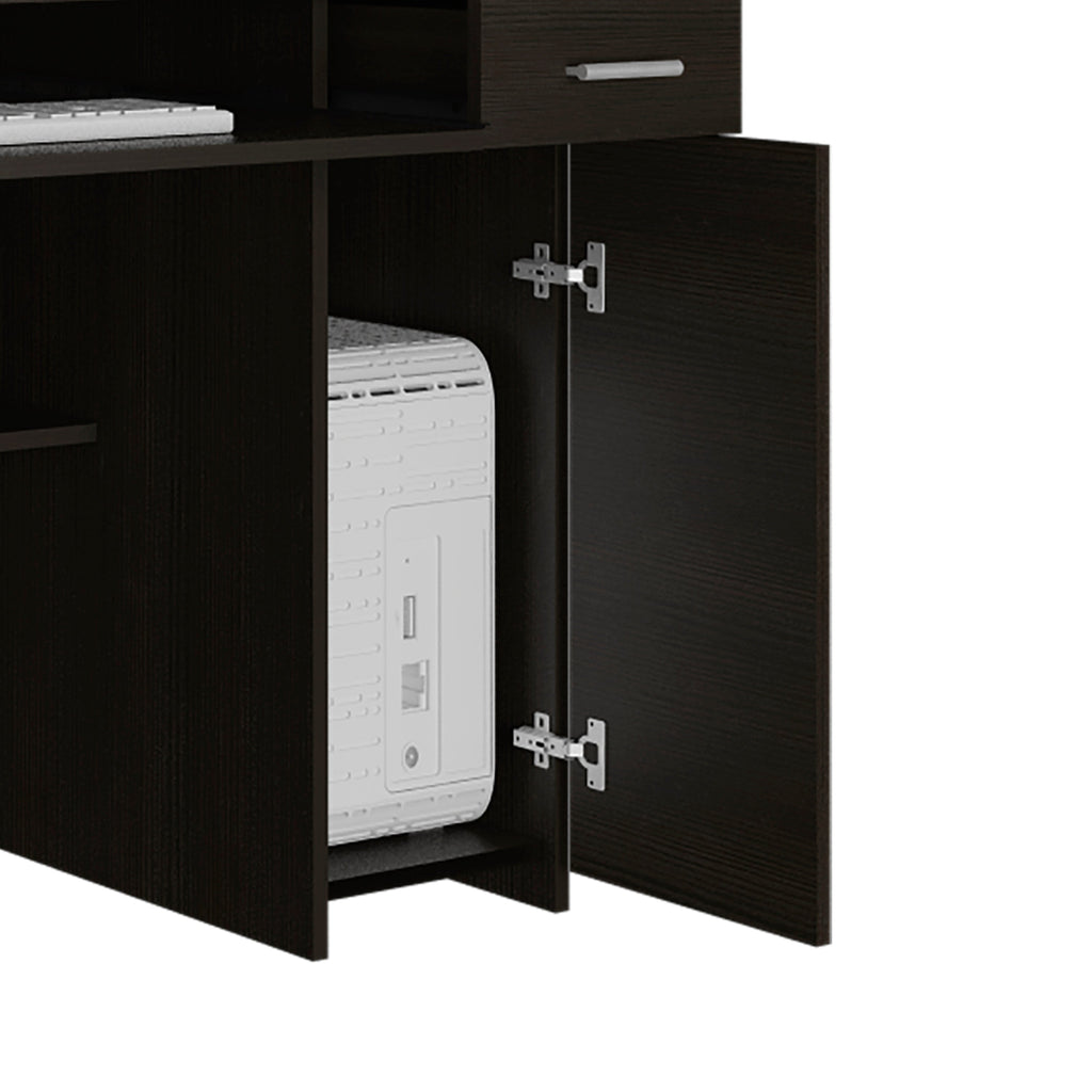 Compu 180 Hutch Desk, Multiple Shelves, Keyboard Tray, CPU anel, One Drawer -Black