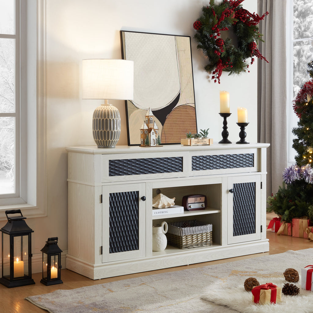 Embossed Pattern TV Stand, TV and Media Console with Open and Closed Storage Space and sliding door for Living Room & Bedroom,White, 58.27'W*15.35'W*31.7H