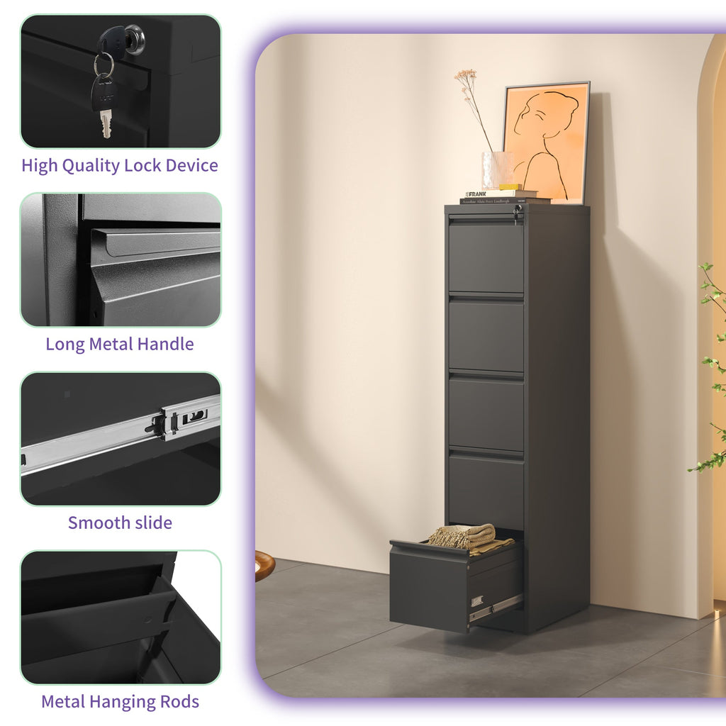 SteelCraft Pro 5 Drawer Metal Vertical File Cabinet with Lock, Black, Steel, 64.17 inches