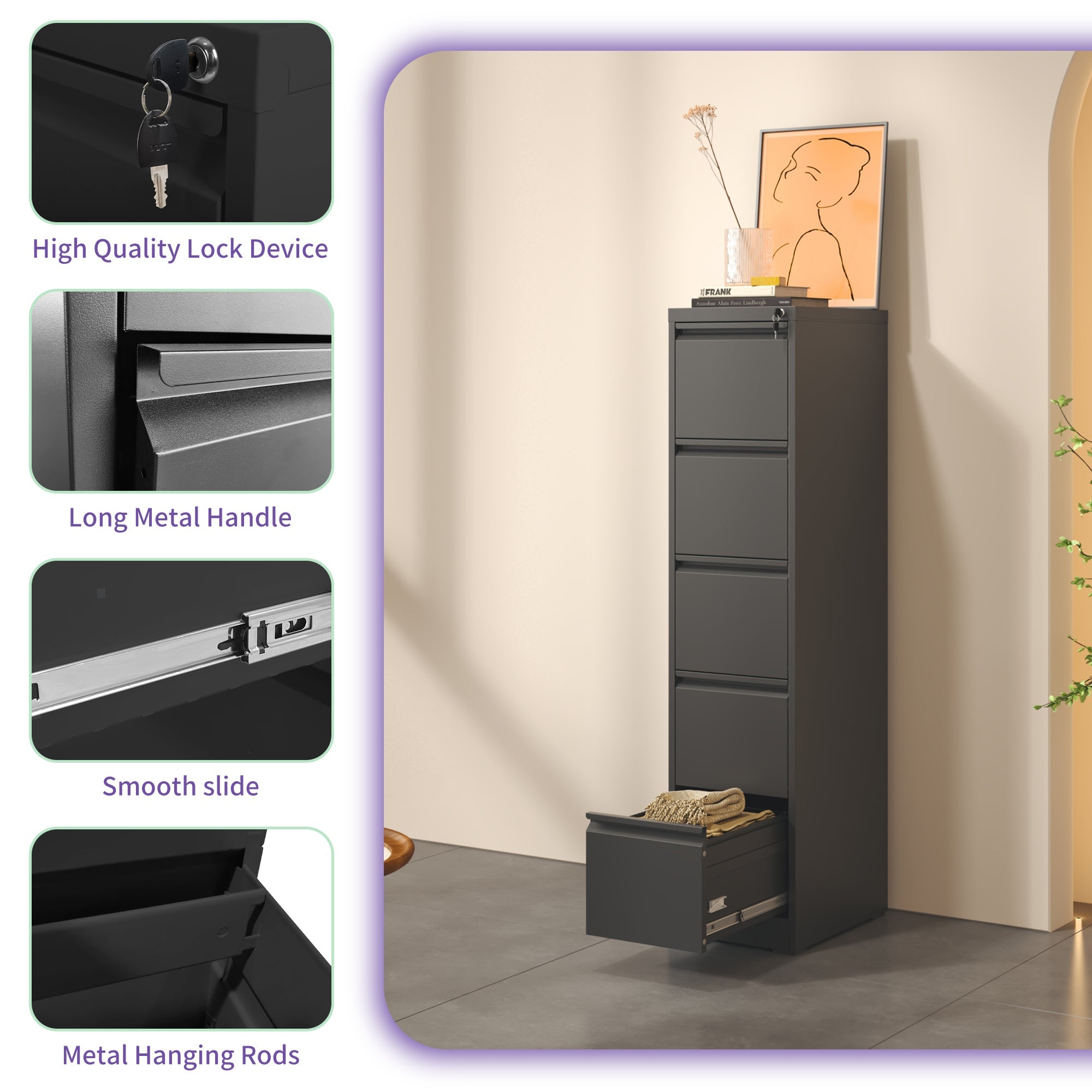SteelCraft Pro 5 Drawer Metal Vertical File Cabinet with Lock, Black, Steel, 64.17 inches