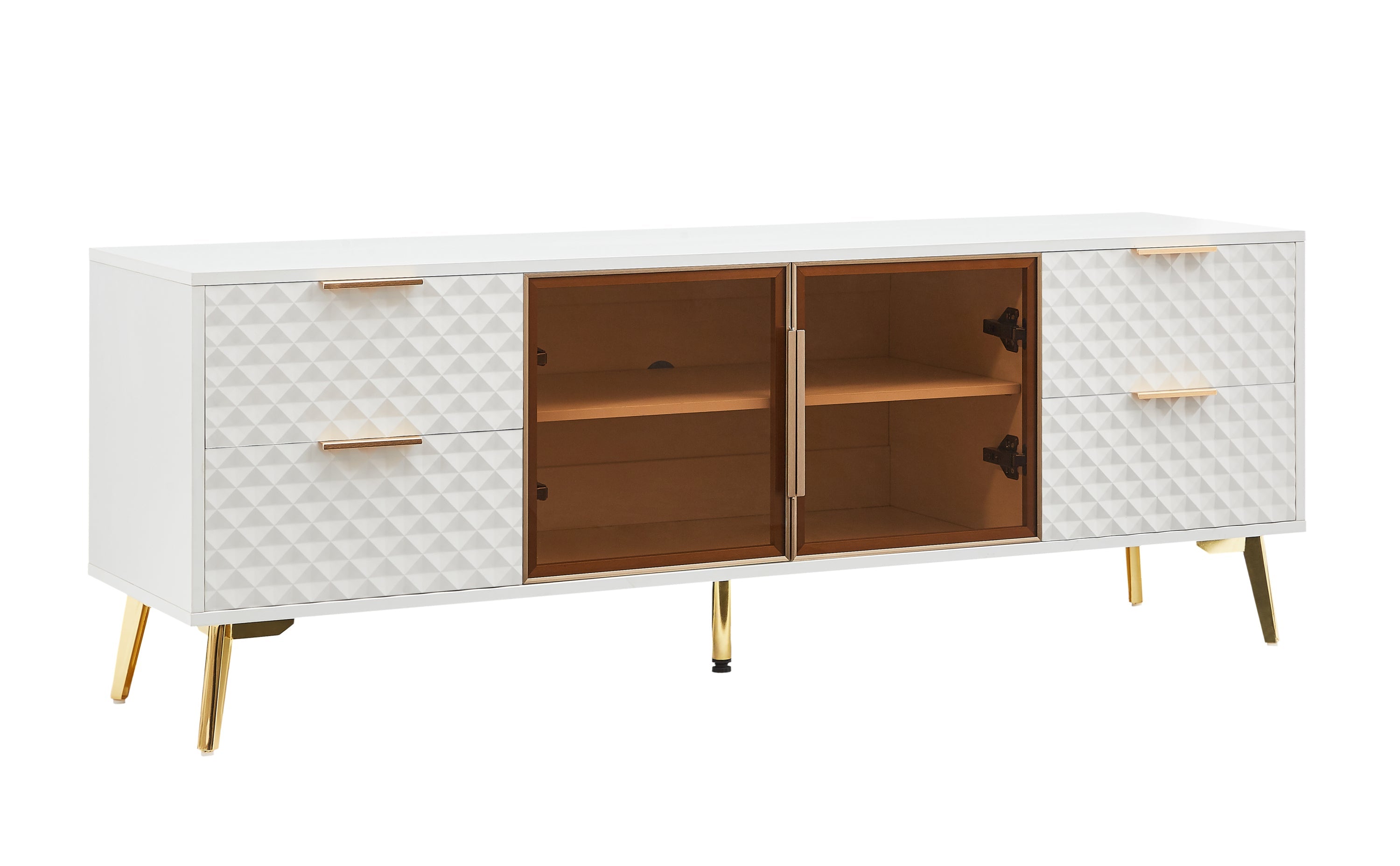 Deluxe Sculpted Modern Fashion Geometric Style TV Stand, Aluminum Frame Tempered Glass Door 4 Drawer Chest with Adjustable Metal Feet ,White,59.9'L x 15.7'W x 21.7'H