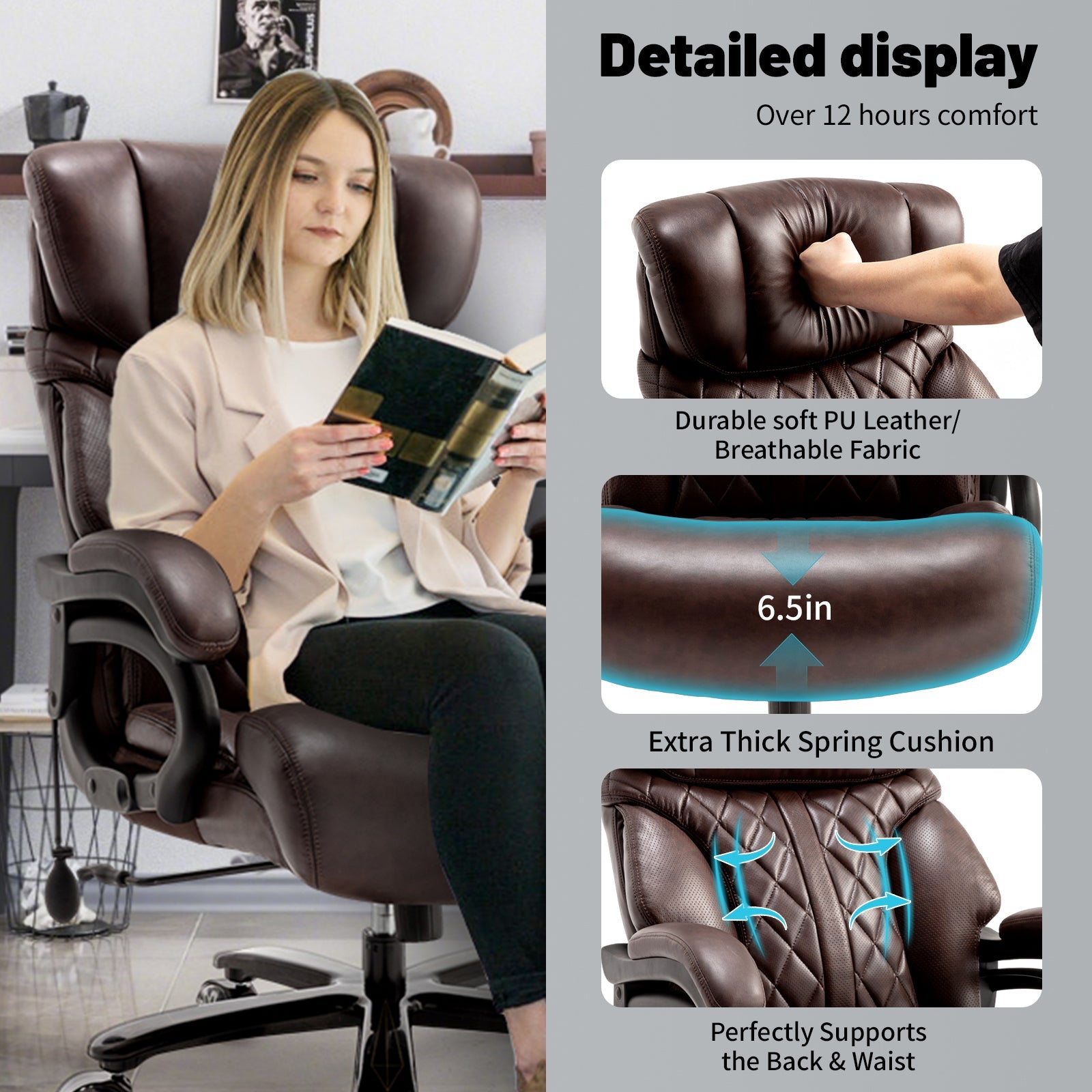 600LBS Big and Tall Office Chair for Heavy People, Extra Wide Seat and Adjustable Lumbar, Heavy Duty Executive Chair with High Back, Large Computer Desk Chair Comfortable for Home Office