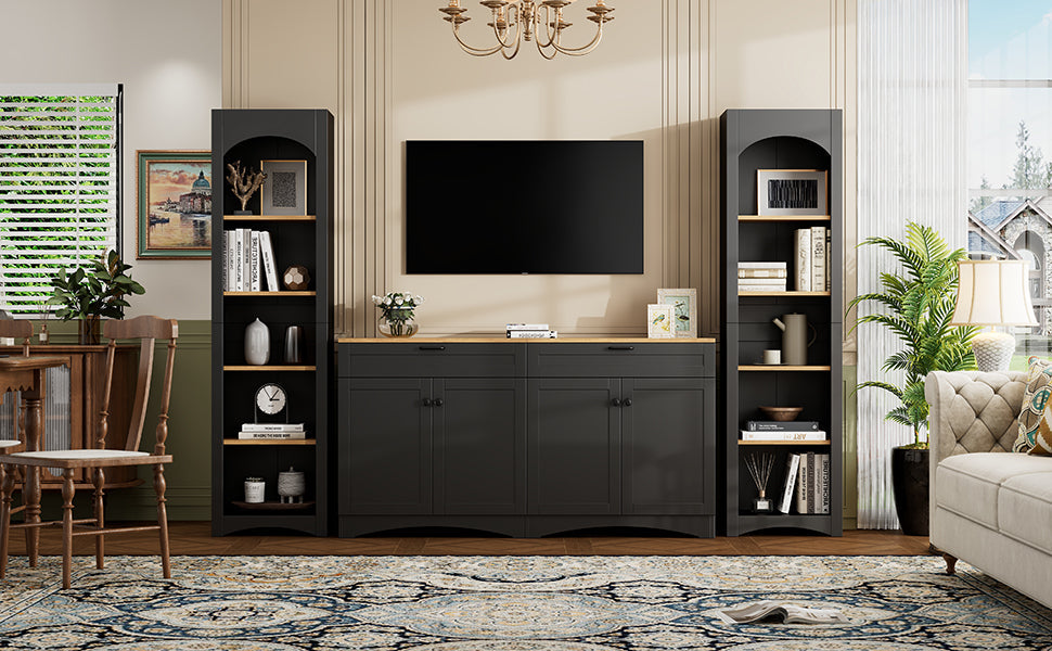 ON-TREND 3-Piece Farmhouse Entertainment Center with Storage Cabinet for TVs Up to 70', Mid-Century TV Stand with Bookshelf, Rustic Versatile Sideboard with Adjustable Shelves for Living Room, Black