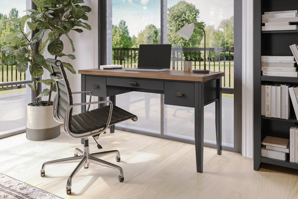 53 inch Writing Desk, No Assembly Required, Black and Whiskey Finish