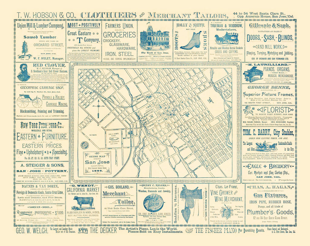 Vintage Map of San Jose, California 1886