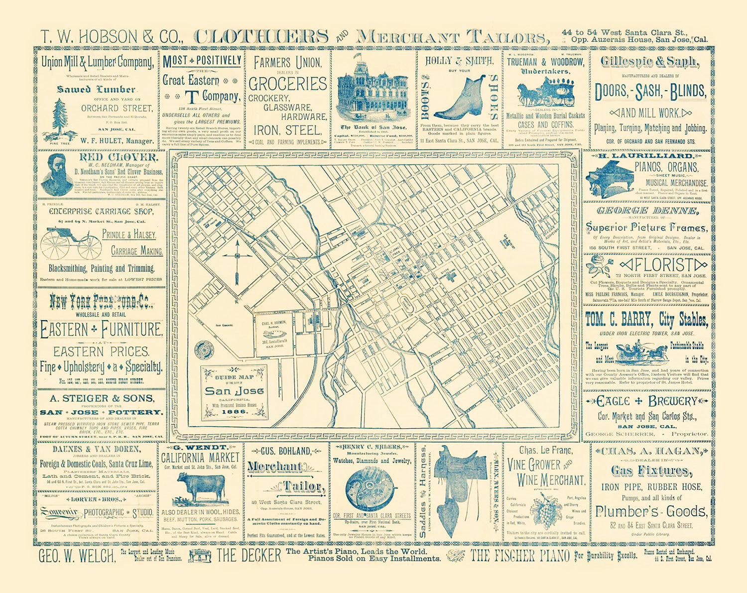 Vintage Map of San Jose, California 1886