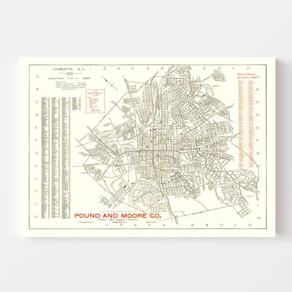 Vintage Map of Charlotte, North Carolina 1930